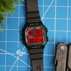 "Red Flash" Casio Royale (AE1200) Custom Digital World Time Watch Mod, Brand New